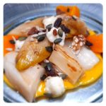 Endives cooked at low temperature, roast peach, nuts and gorgonzola cheese