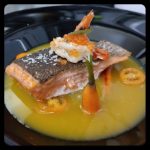 Pyrenesn trout ingot with an orange and passion fruit sauce with prawns